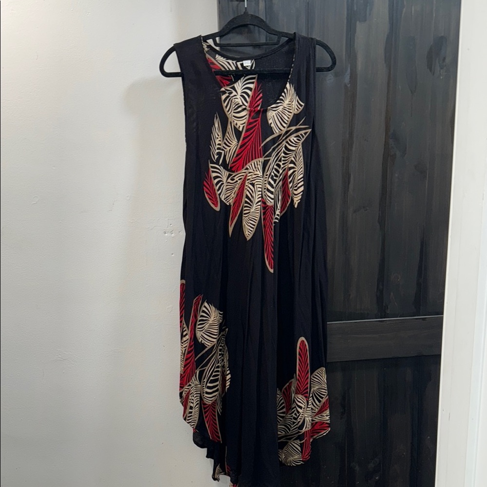 Hand Made Asymmetrical Dress with Red and Cream Leaf Pattern